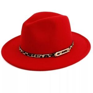 Red Unisex Fedora Hat with Animal Print Belt
